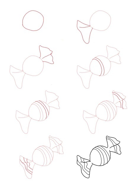 Конфета пошагово. Поэтапное рисование конфет. Рисование пошагово карандашами для детей сладости. Конфетка пошагово рисунок. Рисовать конфеты карандашом.