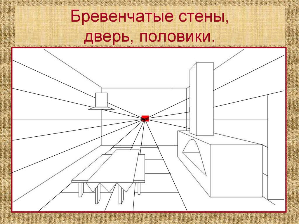 Как нарисовать угол. Фронтальная перспектива избы. Интерьер с одной точкой схода. Интерьер комнаты с одной точкой схода. Интерьер русской избы в перспективе.