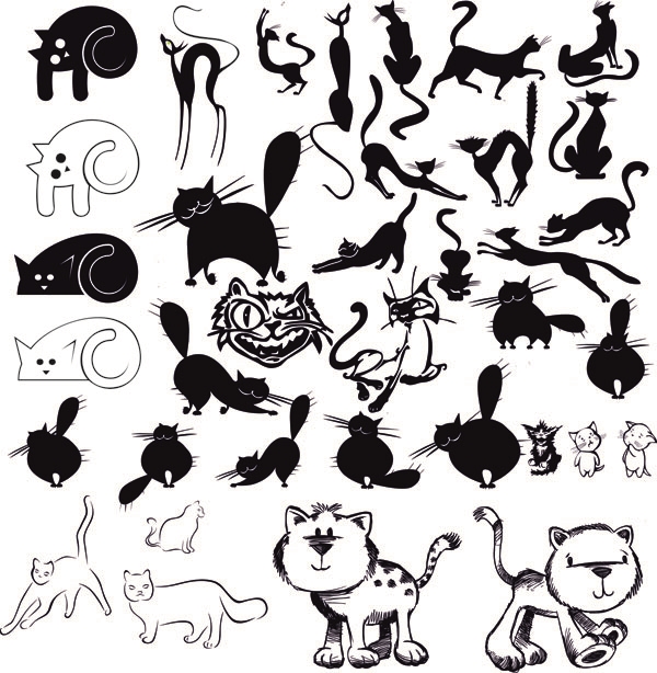 Черно белые стики. Векторный рисунок. Стилизованные кошки. Силуэт кошки. Векторные рисунки животных.