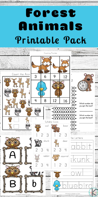 FREE Printable Forest Animals Kindergarten Worksheets are a fun way for kids to practice math like counting, skip counting, and graphing; practice alphabet letters with cards, tracing and so much more! (preschool worksheets) #forestanimals #worksheetsforkids #preschool #kindergarten