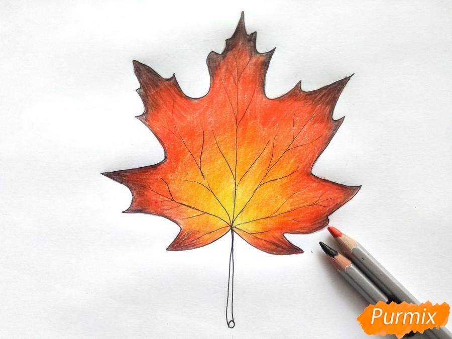 Рисуем кленовый лист цветными карандашами - шаг 6