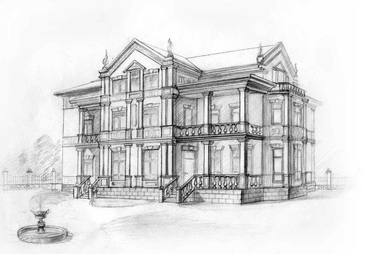 Архитектура здания рисунок. Зарисовки особняка Саввы Морозова. Здания карандашом. Архитектурные здания карандашом. Рисунок здания карандашом.