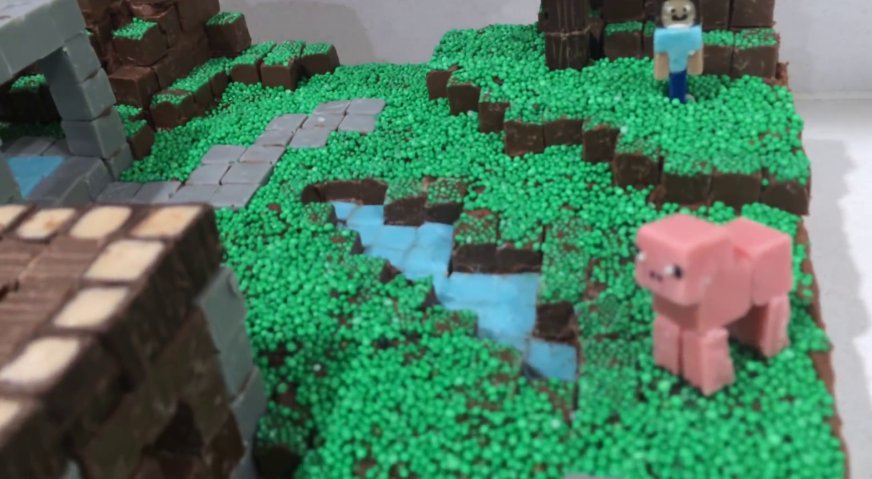 Торт майнкрафт: Включите фантазию, и дополните деревню водоёмами, цветами и другими элементами любимой игры. И будьте уверены - именинник и гости будут