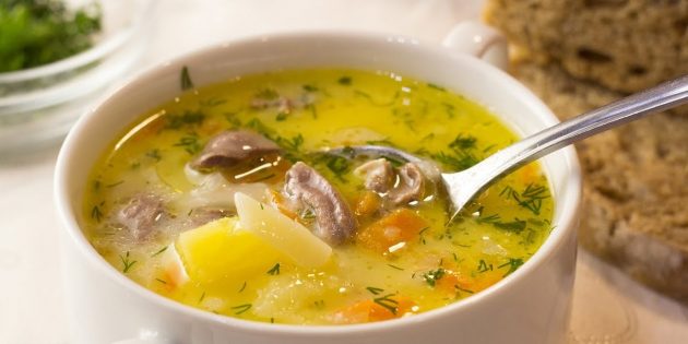 Суп с куриными сердечками и сыром Рецепты: Суп с куриными сердечками и сыром