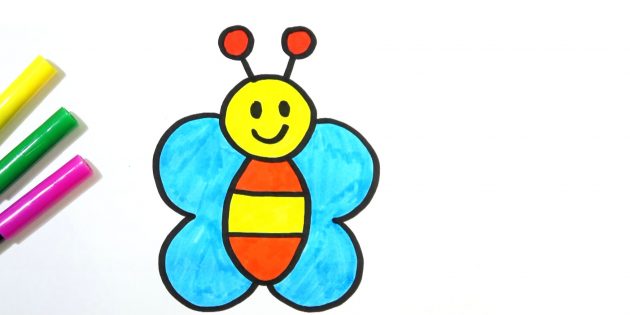 Как нарисовать простую мультяшную бабочку фломастерами или карандашами