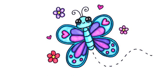 Как нарисовать мультяшную бабочку посложнее фломастерами или карандашами