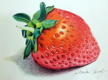 Adjusted coloured pencil drawing of a luscious strawberry