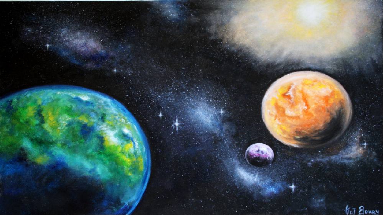 Рисунок планет в космосе. Картина космос. Рисование космос. Космический пейзаж. Космическая живопись.