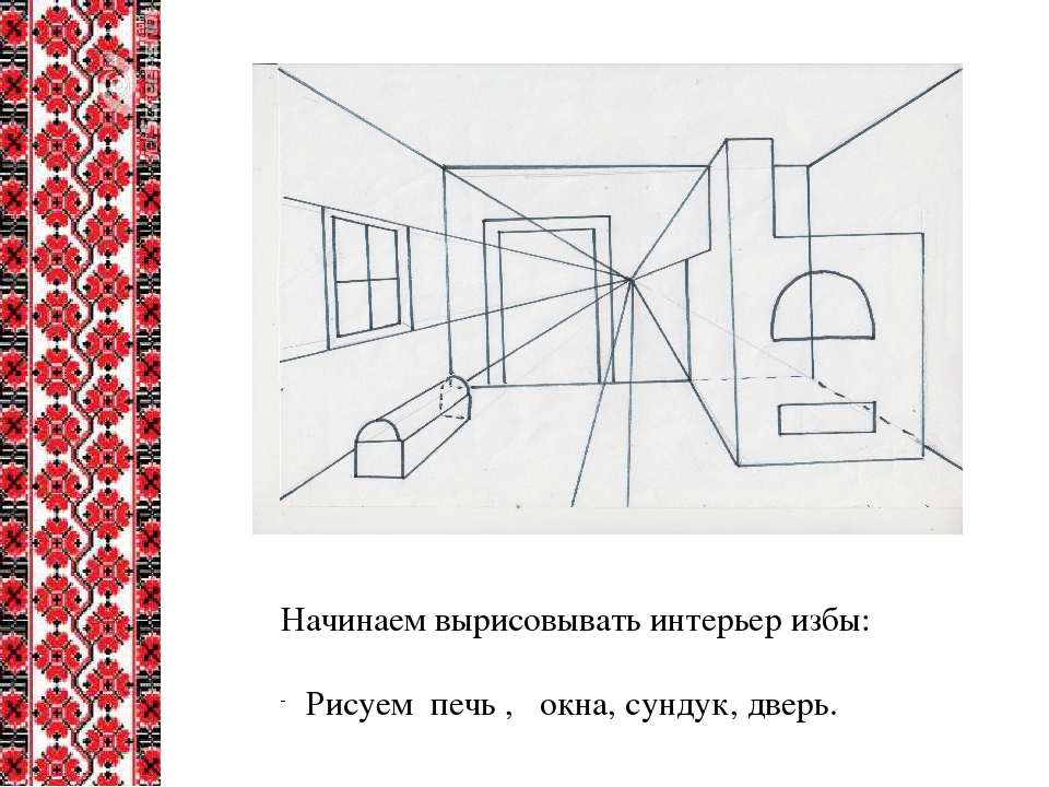 Изо 5 класс убранство. Перспектива интерьера избы. Интерьер русской избы в перспективе. Рисование убранство русской избы. Убранство русской избы схема.