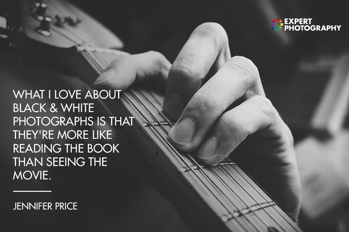 A close up photo of the silhouette of a person playing guitar with black and white quote from Jennifer Price