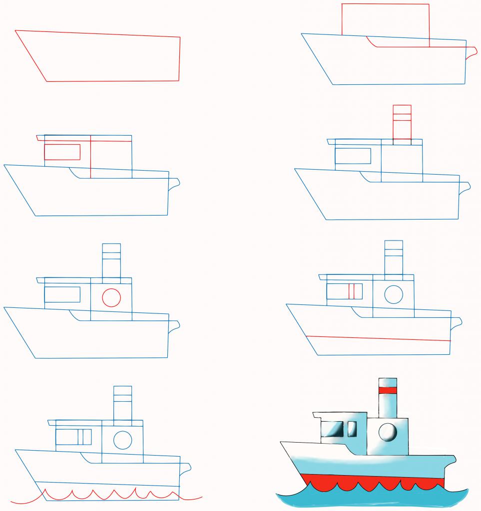Этапы рисования парохода