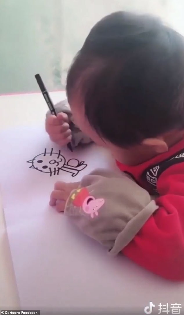 Continuing with sketches that could rival that of a professional adult cartoonist, the youngster, moves onto a sketch of a cat, which looks to have been inspired by Hello Kitty, a character loved in Asia