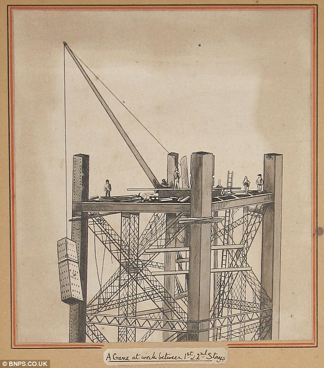 In this picture a rudimentary crane is shown hoisting steel sections to workers building a part of the structure. The sketches have remained in the family of English artist Warwick Herbert Draper since they were drawn between 1887 and 1890