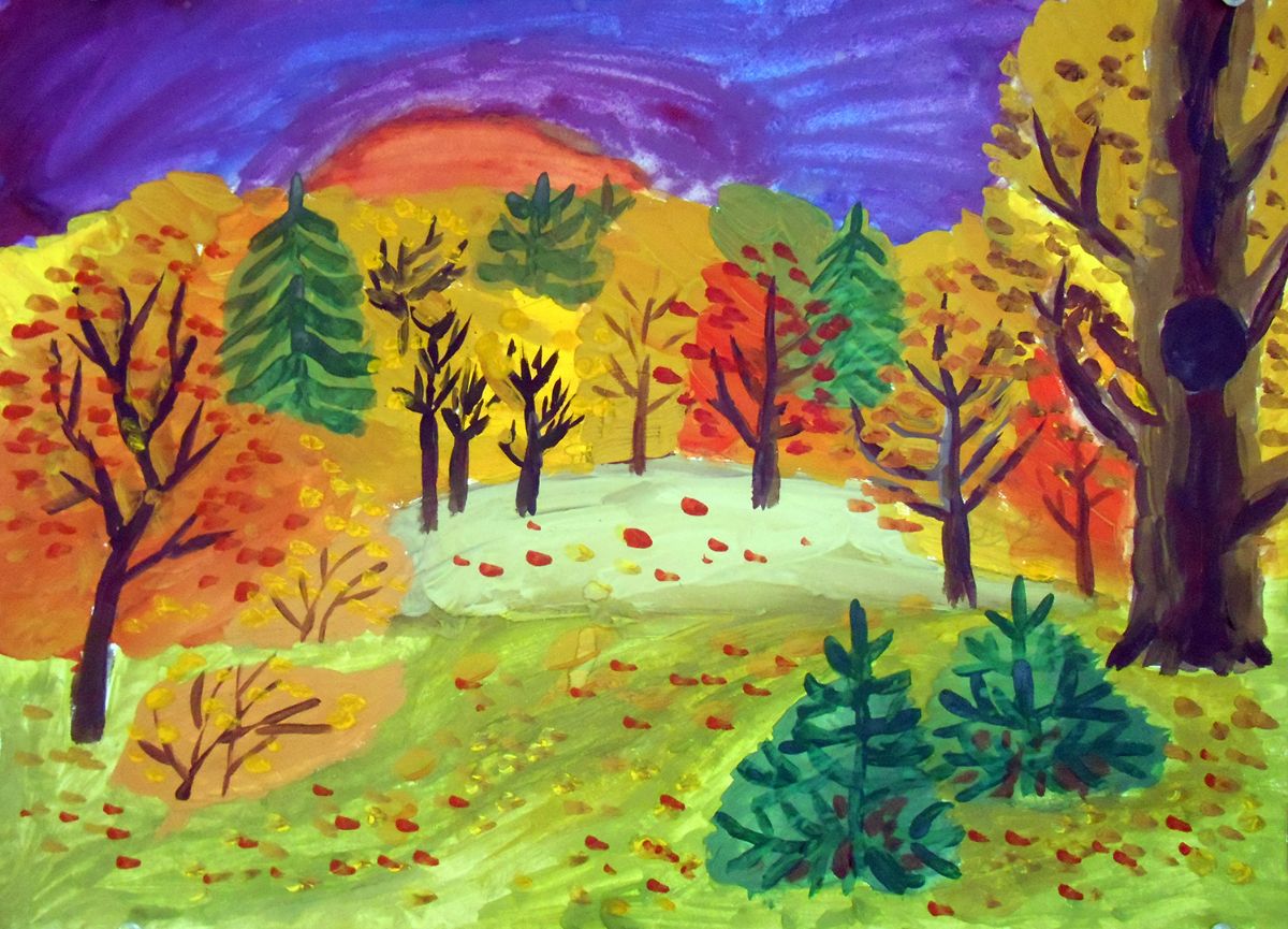 Пейзаж 3 класс презентация изо поэтапное рисование. Осенний лес изо. Рисунок осень. Детский рисунок осень. Осень рисунки детей красками.