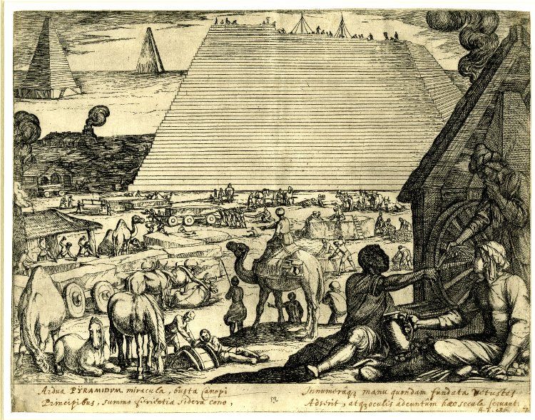 the pyramids of Egypt under construction, workmen rest in the foreground illustration credited to Antonia Tempesta; Plate 7 from Septem orbis admiranda (The Seven Wonders of the World), 1608.jpg