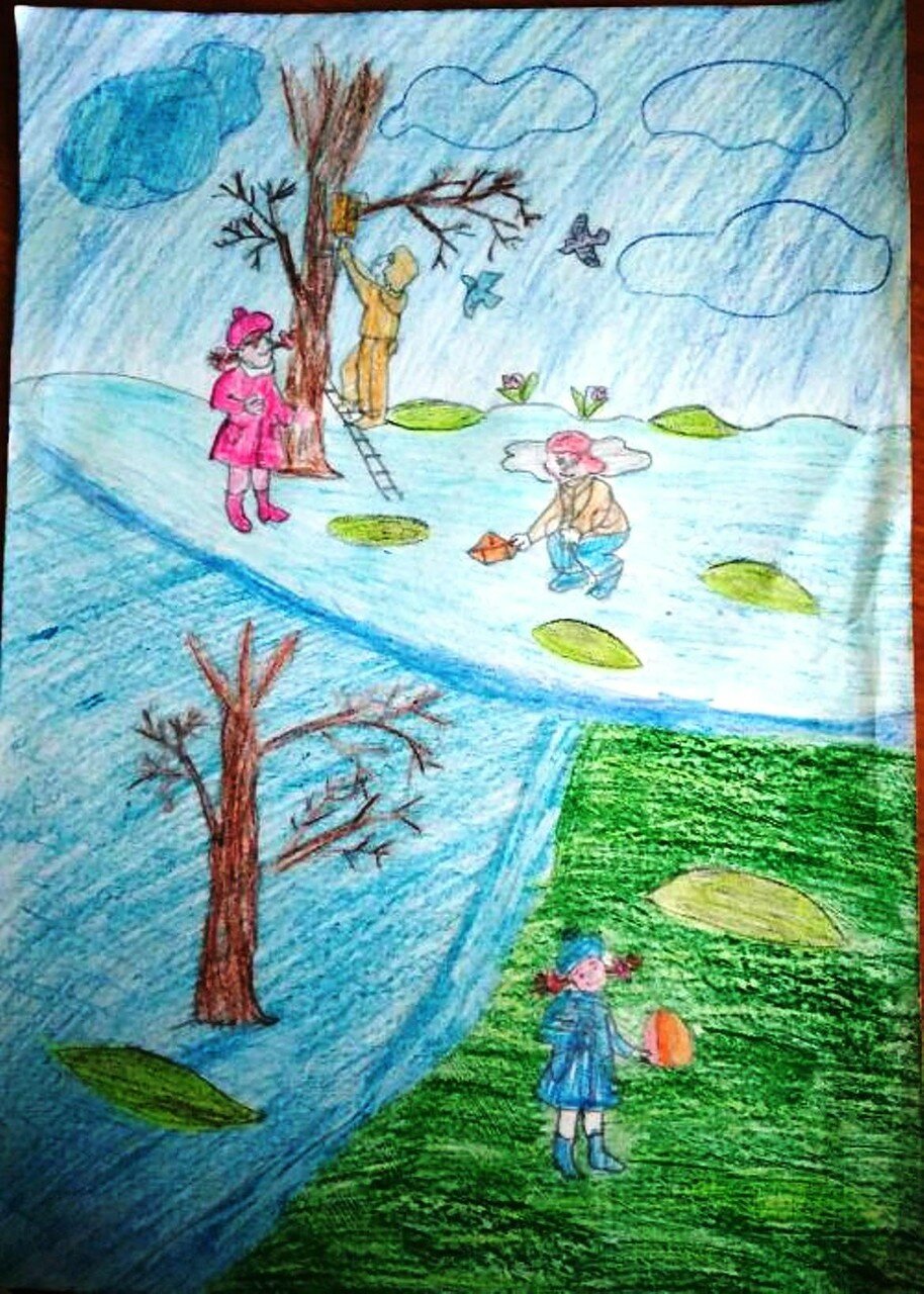 Весенний пейзаж детский рисунок карандашом