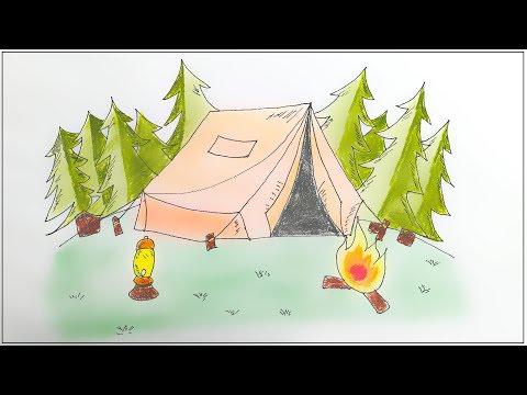 How to draw a summer camp with tent bonfire and trees in background step by step
