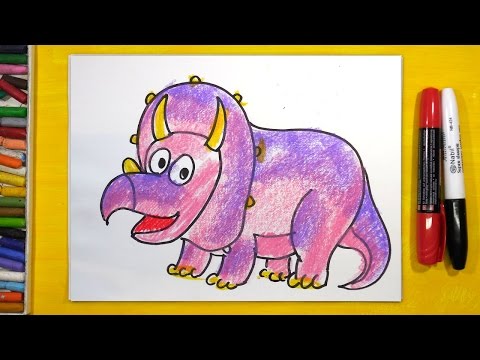 Как рисовать Динозавра Трицератопс, Урок рисования - раскраска для детей от 3 лет