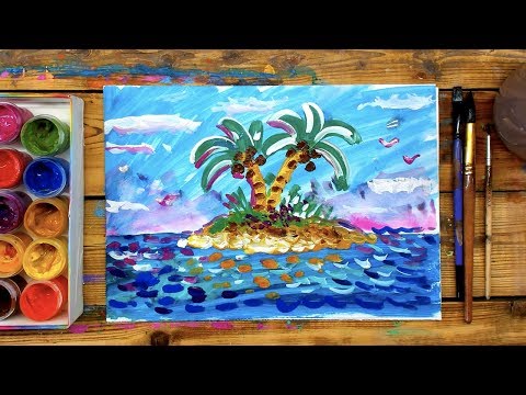 Тропический ОСТРОВ рисуем красками ГУАШЬ для детей