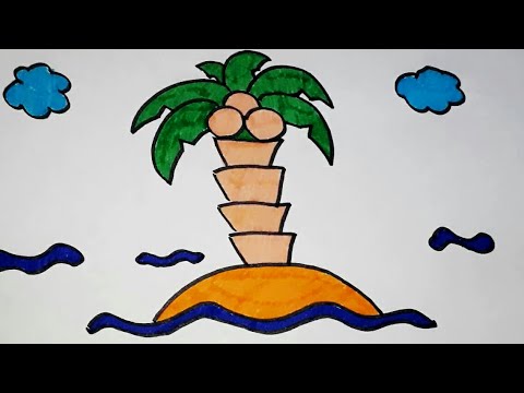 Раскраска Необитаемый остров. Рисуем пальму с кокосами. Видео для детей.