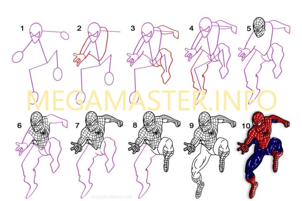 Простая схема зарисовки Spider man