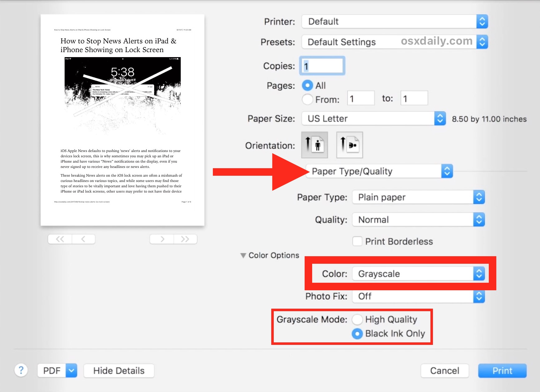 How to print black and white on a Mac