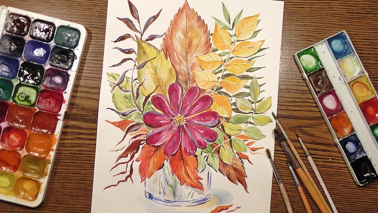 Как нарисовать вазу с осенними листьями поэтапно   подборка (25)
