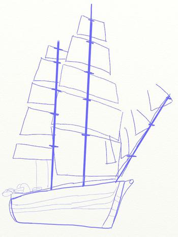 Рисуем большой парусный корабль ручкой - шаг 4