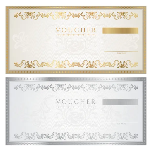 Voucher template with floral pattern, watermark, border. Background design for gift voucher, coupon, banknote, certificate, diploma, ticket, currency, check (cheque). Vector in golden, silver colors Royalty Free Stock Vectors
