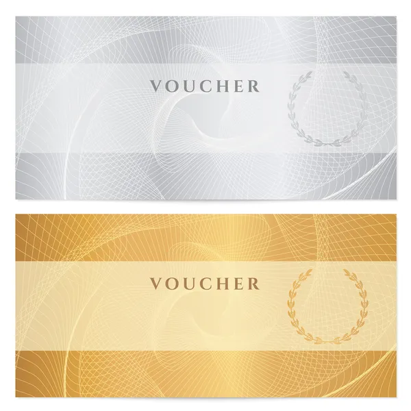 Voucher, Gift certificate, Coupon, ticket template. Guilloche pattern (watermark, spirograph). Background for banknote, money design, currency, bank note, check (cheque), ticket. Gold, silver vector Stock Illustration