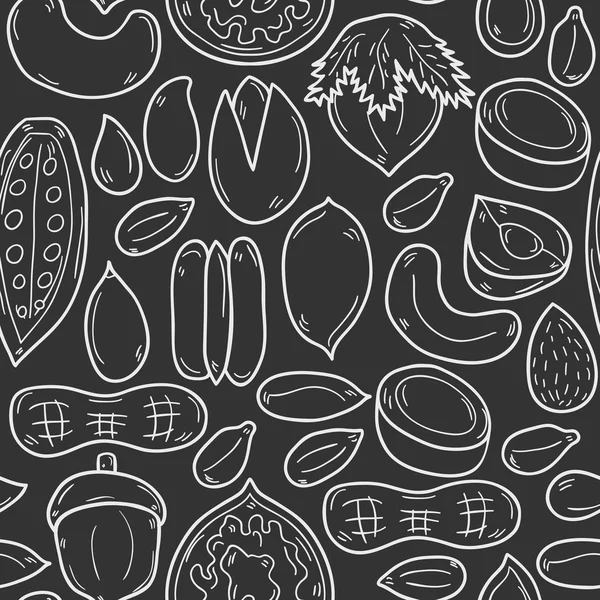 Sealess background with cartoon hand drawn objects on nuts theme: hazelnut, pumpkin and sunflower seeds, peanut, pecan, pistachio, cashew, walnut, acorn, almond, coconut, cocoa. Raw healthy food Stock Vector