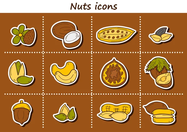 Set of cartoon hand drawn stickers on nuts theme: hazelnut, pumpkin and sunflower seeds, peanut, pecan, pistachio, cashew, walnut, acorn, almond, coconut, cocoa. Raw healthy food concept Vector Graphics