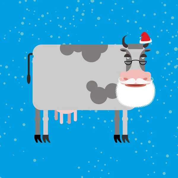 Корова Санта Клаус. Фермерское животное с бородой и усами. Рождество Лицензионные Стоковые Векторы