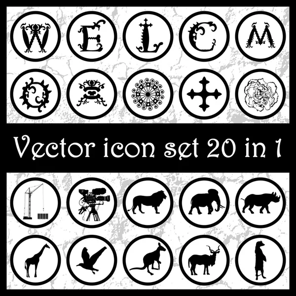 Набор винтажных векторных иконок логотипы 20 в 1 с буквами "W, E, L, C, O, M", животных силуэты, орнаменты, крест, кран, камера, маска и цветок. Векторная иллюстрация Лицензионные Стоковые Иллюстрации