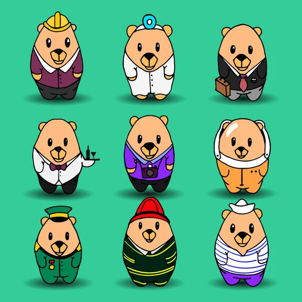 Big vector set of nine cartoon bears, different professions. Doctor, engineer, businessman, astronaut, waiter, photographer, sailor, soldier, firefighter. Hand drawing characters for you design, print Royalty Free Stock Vectors