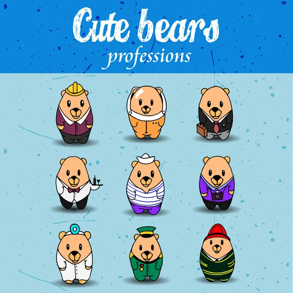 Big vector set of nine cartoon bears, different professions. Doctor, engineer, businessman, astronaut, waiter, photographer, sailor, soldier, firefighter. Hand drawing characters for you design, print Stock Illustration