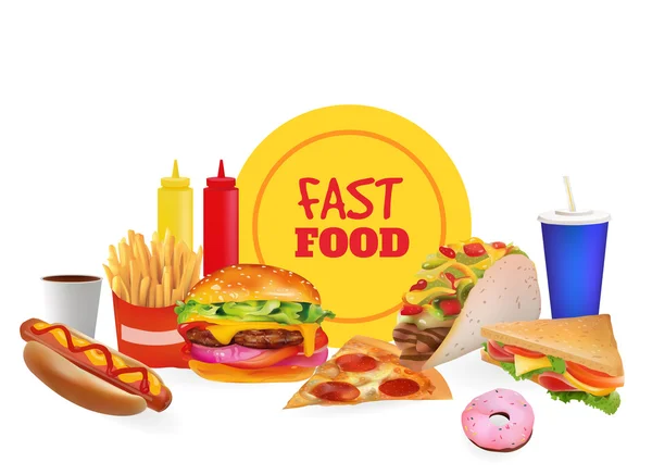 Vector Realistic fast food set composition. Бургер, пацца, тако, напиток, кофе, картошка фри, хот-дог, сэндвич, пончик, кетчуп, горчица. Изолированный на белом фоне Лицензионные Стоковые Иллюстрации