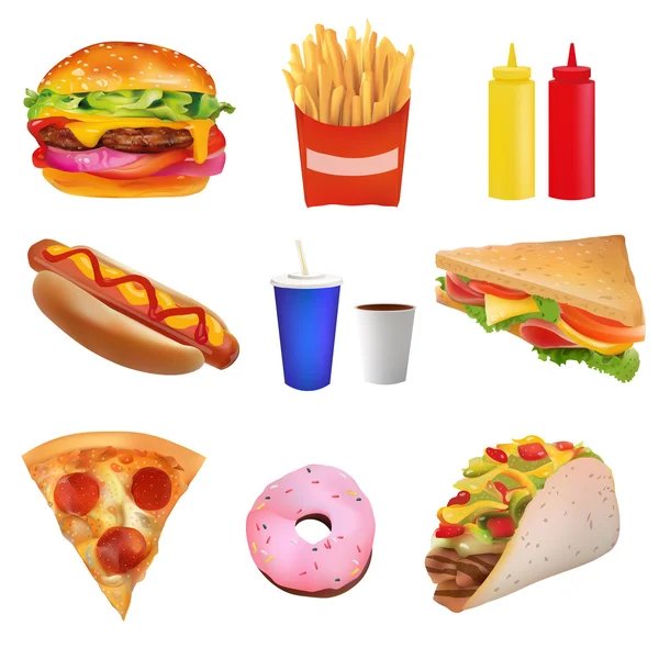 Vector Realistic fast food set. Бургер, пацца, тако, напиток, кофе, картошка фри, хот-дог, сэндвич, пончик, кетчуп, горчица. Изолированный на белом фоне Лицензионные Стоковые Иллюстрации