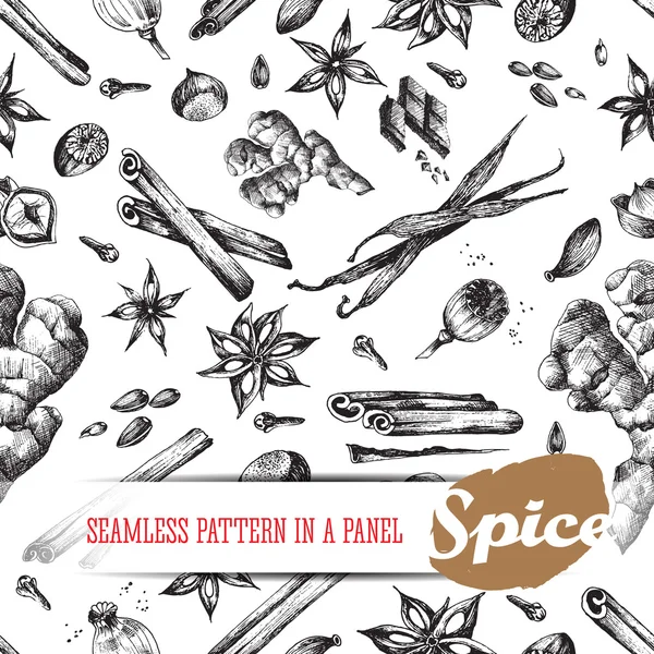 Flavour spices sketch food seamless pattern. Vector isolated elements: cinnamon, clove, cardamom, sunflower, poppy, seed, anise, vanilla, ginger, hazelnut, nutmeg. Tasty smells and aroma. Royalty Free Stock Illustrations