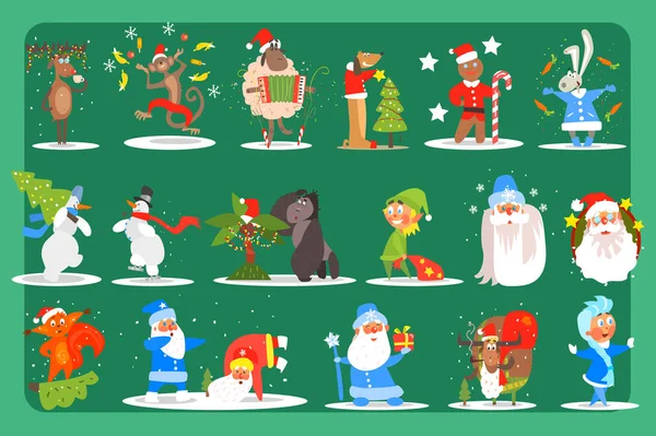Плоский векторный набор смешных рождественских персонажей олень, обезьяна, овца, собака, кролик, снеговики, горилла, эльф, Санта, Снегурочка, пряники человек, белка. Элементы для открыток Стоковая Иллюстрация