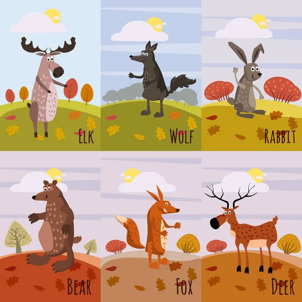 Forest animals set of posters, with elements of forest, moose, deer, wolf, hare, fox, bear, cartoon style, banner, poster, vector, illustration — Stock Illustration Forest animals set of posters, with elements of forest, moose, deer, wolf, hare, fox, bear, cartoon style, banner, poster, vector, illustration Royalty Free Stock Illustrations