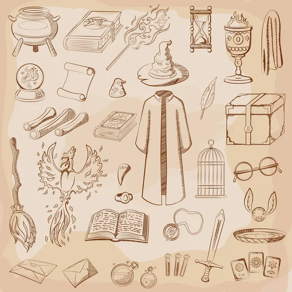 Big set to play a wizard. Things magician: wizard, hat, magic book, scroll, potion, broom, crystal ball, mantle, sword, cup, ring, chest, fang, Phoenix, hourglass, mantle of invisibility, card — Stock Illustration Big Set Play Wizard Things Magician Wizard Hat Magic Book Royalty Free Stock Illustrations