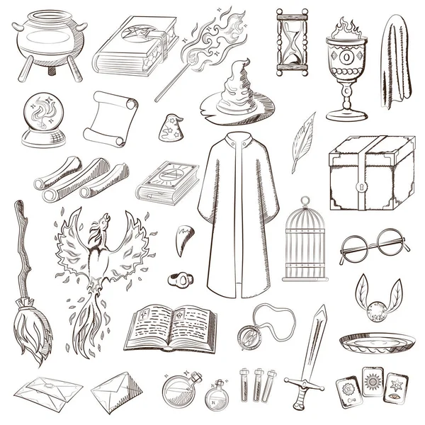 Big set to play a wizard. Things magician: wizard, hat, magic book, scroll, potion, broom, crystal ball, mantle, sword, cup, ring, chest, fang, etc. For coloring book — Stock Illustration Big Set Play Wizard Things Magician Wizard Hat Magic Book Stock Vector