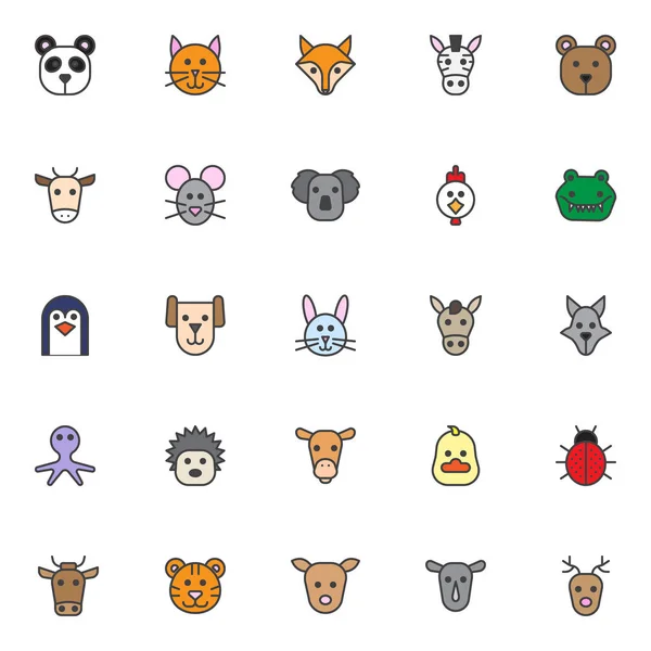 Animals filled outline icons set, line vector symbol collection, linear colorful pictogram pack. Signs, logo illustration, Set includes icons as panda head, cat, fox, zebra, bear, cow, mouse, koala — Stock Illustration Animals Filled Outline Icons Set Line Vector Symbol Collection Linear Royalty Free Stock Illustrations