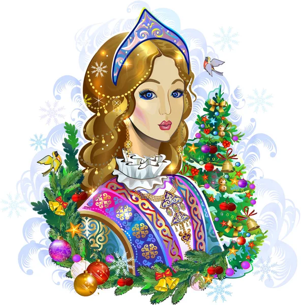 Новый Год Европейская Красивая Девушка Девушка Женщина Зимняя Сказка Голубые Лицензионные Стоковые Векторы