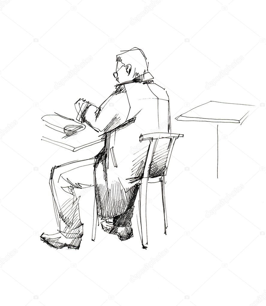 Человек сидит на стуле карандашом