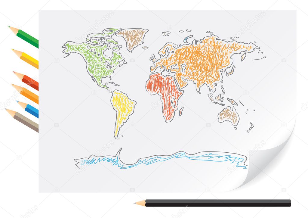 Нарисованная карта мира карандашом