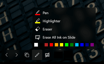 The slide show toolbar, with the ink menu expanded