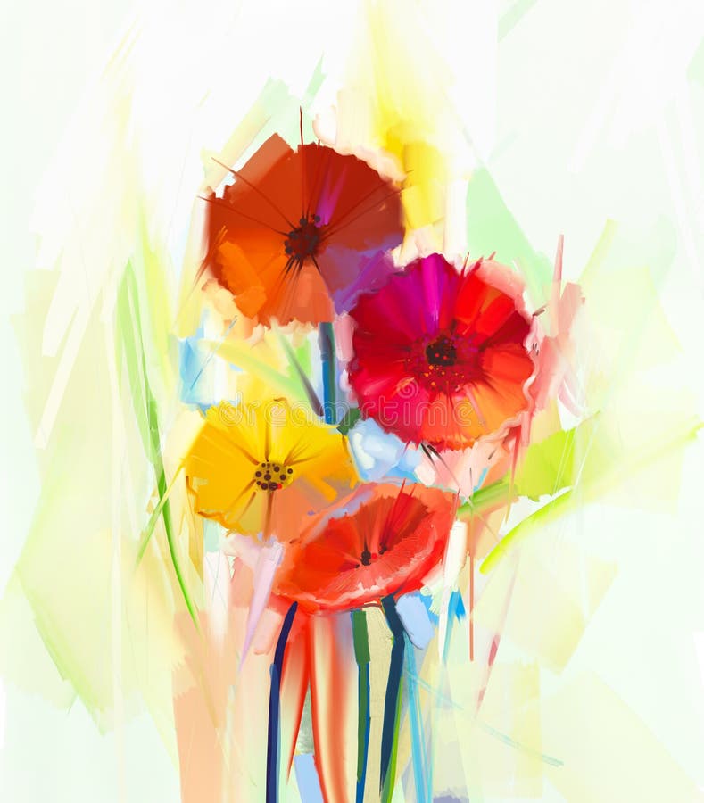 Abstract oil painting of spring flowers. Still life of yellow and red gerbera flowers stock illustration