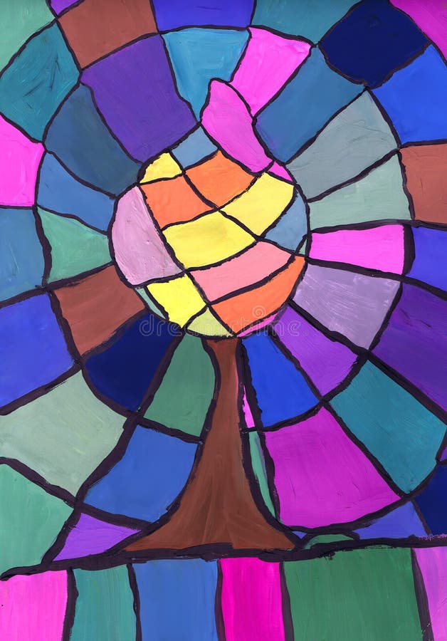 Abstract tree. A sketch of a stained glass window. Child`s drawing royalty free illustration
